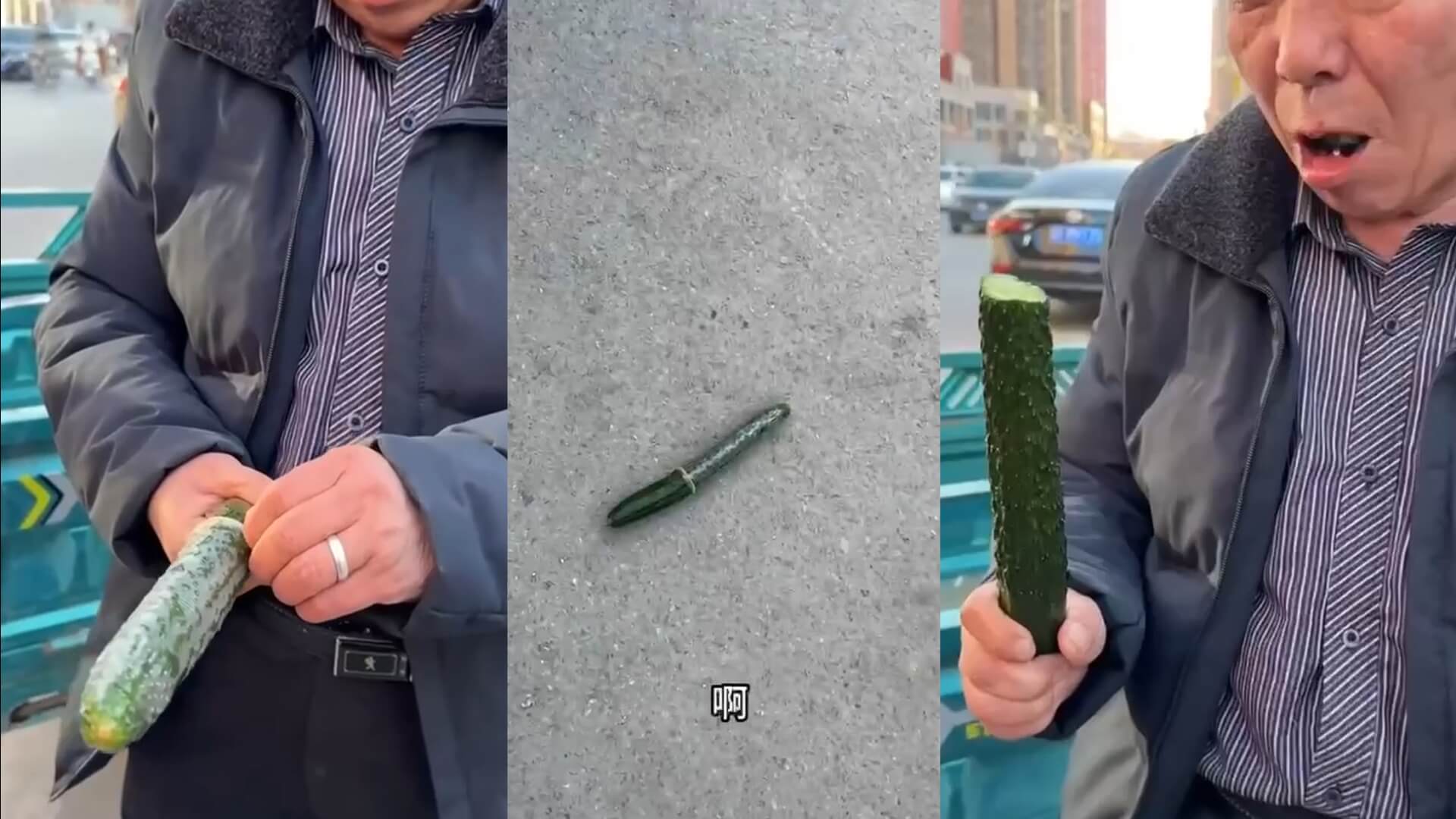 大爷开车，孙子看到路上用过的黄瓜，让大爷品尝.