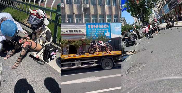 温州龙港发生车祸事故精神小伙带火辣丝袜妹飙车出事妹子丝袜磨烂膝盖血淋淋。